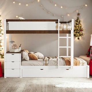 Full-Over-Full Bunk Bed With Twin size Trundle,Storage And Desk for Bedroom