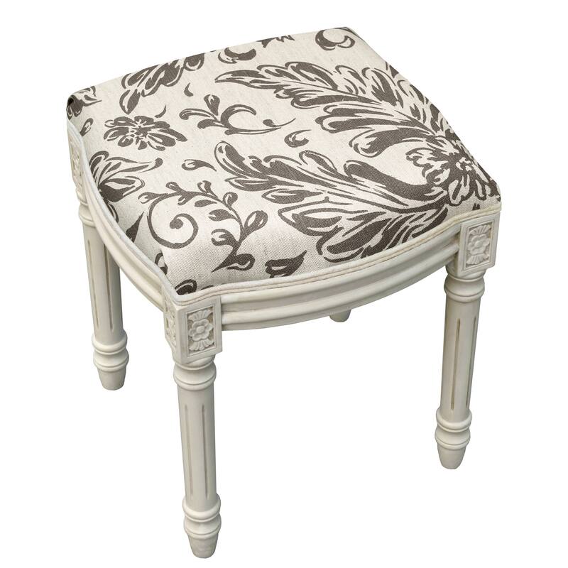 Gray Tuscan Floral Vanity Stool with antique white finish