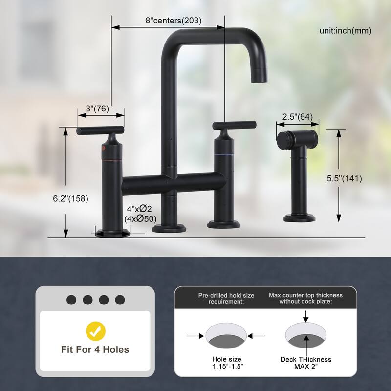 WOWOW Double Handle Bridge Kitchen Faucet with Side Sprayer