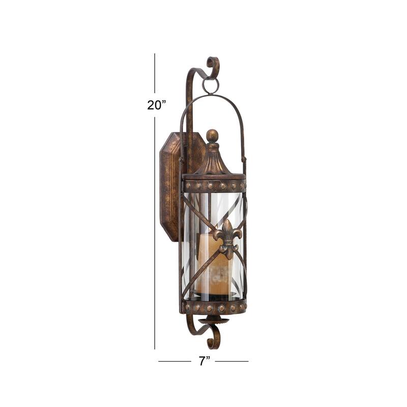 Bronze Metal Suspended Studded Fleur De Lis Wall Sconce with Scroll Details - 7 x 6 x 20