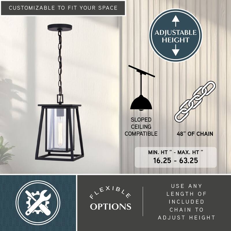 Blackwell Cage Frame 1 Light Black Outdoor Pendant Lantern Clear Glass - 8-in W x 13.25-in H x 8-in D