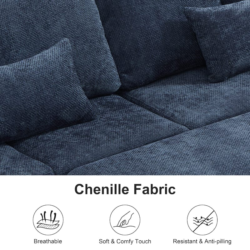 L-Shaped Chenille Sectional Sofa with Pull-Out Bed, Upholstered Convertible 7-Seater Sofa with Storage Ottoman & 2 Pillows