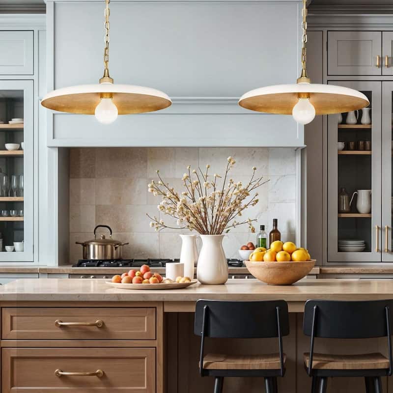 Natalia Modern Pendant Light - Metal & Gold, Ivory White Dome Light Fixture For Modern, Scandinavian, Minimalist Room Decor