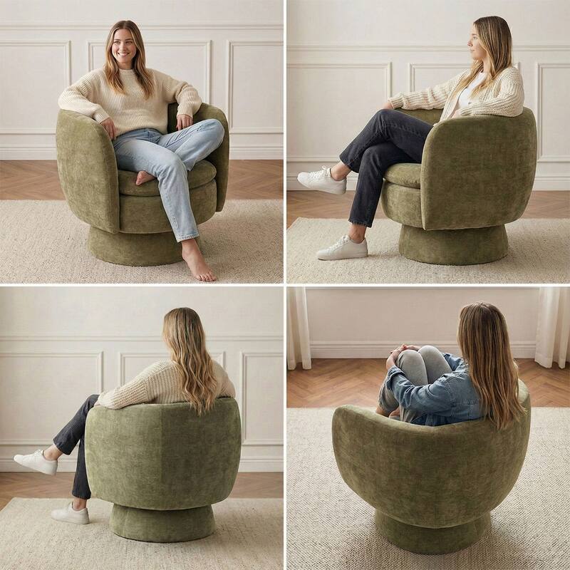 Modern Upholstered Swivel Barrel Accent Chair with Curved Back