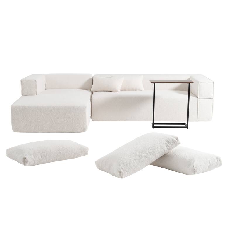 112" Beige Boucle Modular Sofa, Free Table & 2 Pillows, No Assembly
