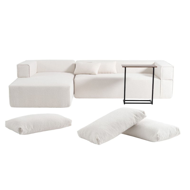 112" Boucle Modular Sectional Sofa with Free Side Table, Wide Seat Design and No Assembly Required