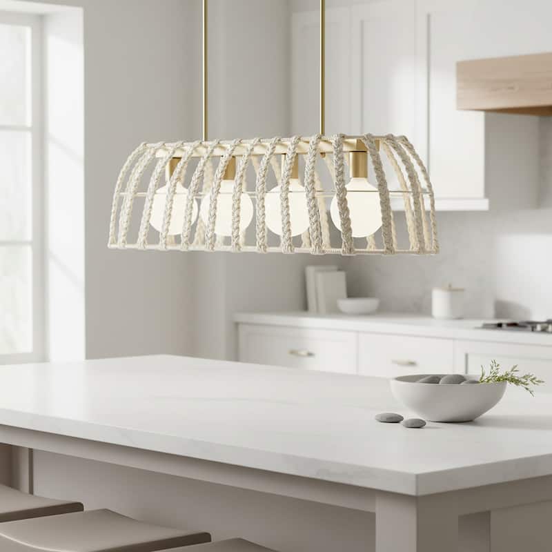 Roka 4-Light Rattan Linear Pendant, Coastal Boho - Handwoven - 38" Wide