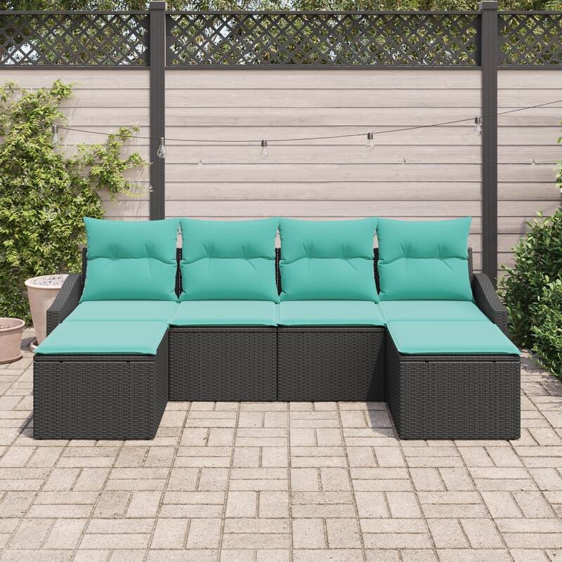 vidaXL 6 Garden Sofa Set with Cushions Black Poly Rattan - 91.7 x 46.1 x 27.2