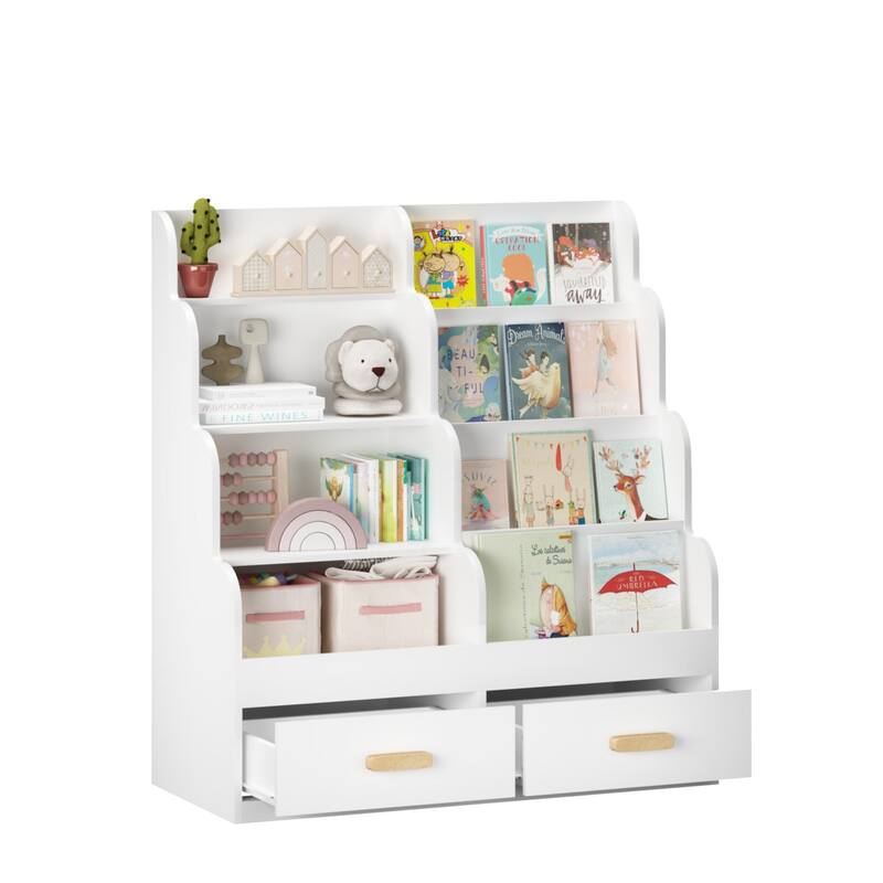 Kids Bookshelf with 2 Storage Drawers, Front-Facing Children's Bookcase and Toy Organizer, Multi-Tier Reading Shelf