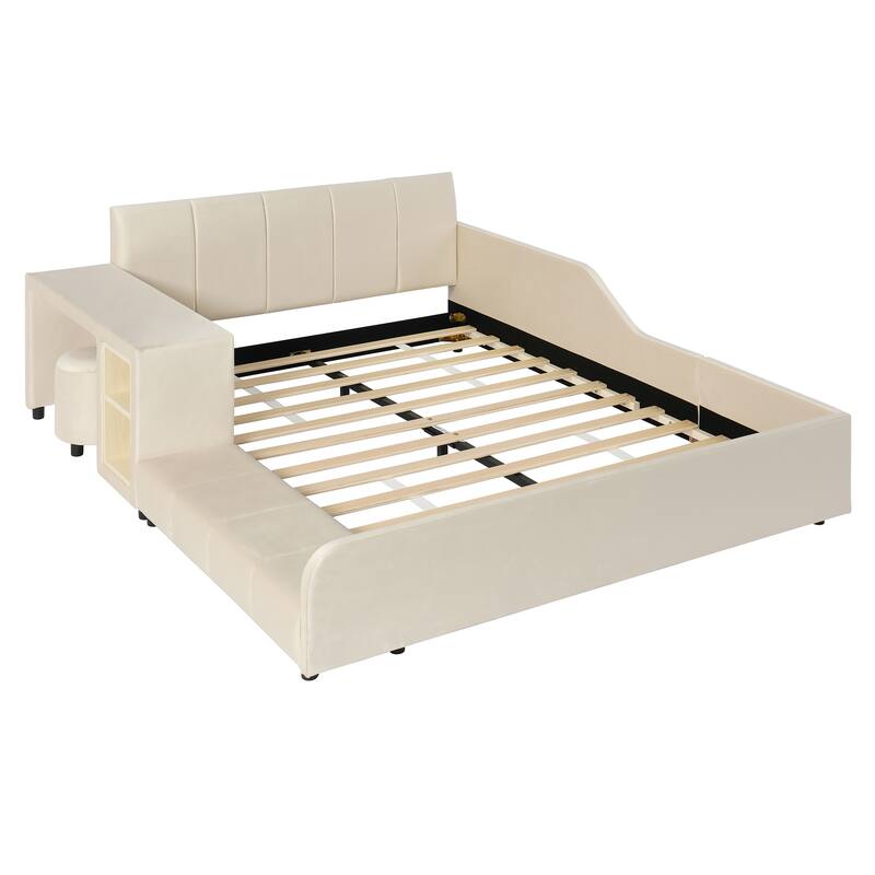 Full Size Upholstered Grounded Bed, Mother & Child Bed with Bedside Desk and Little Round Stool, Velvet