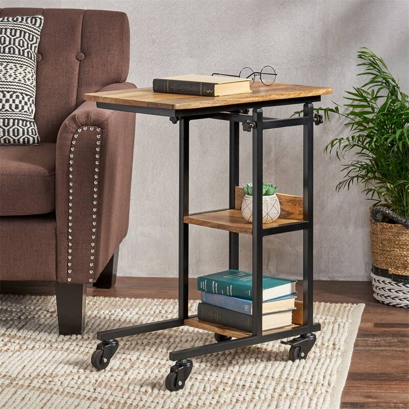 C Shaped End Table with Metal Frame and Wood Top