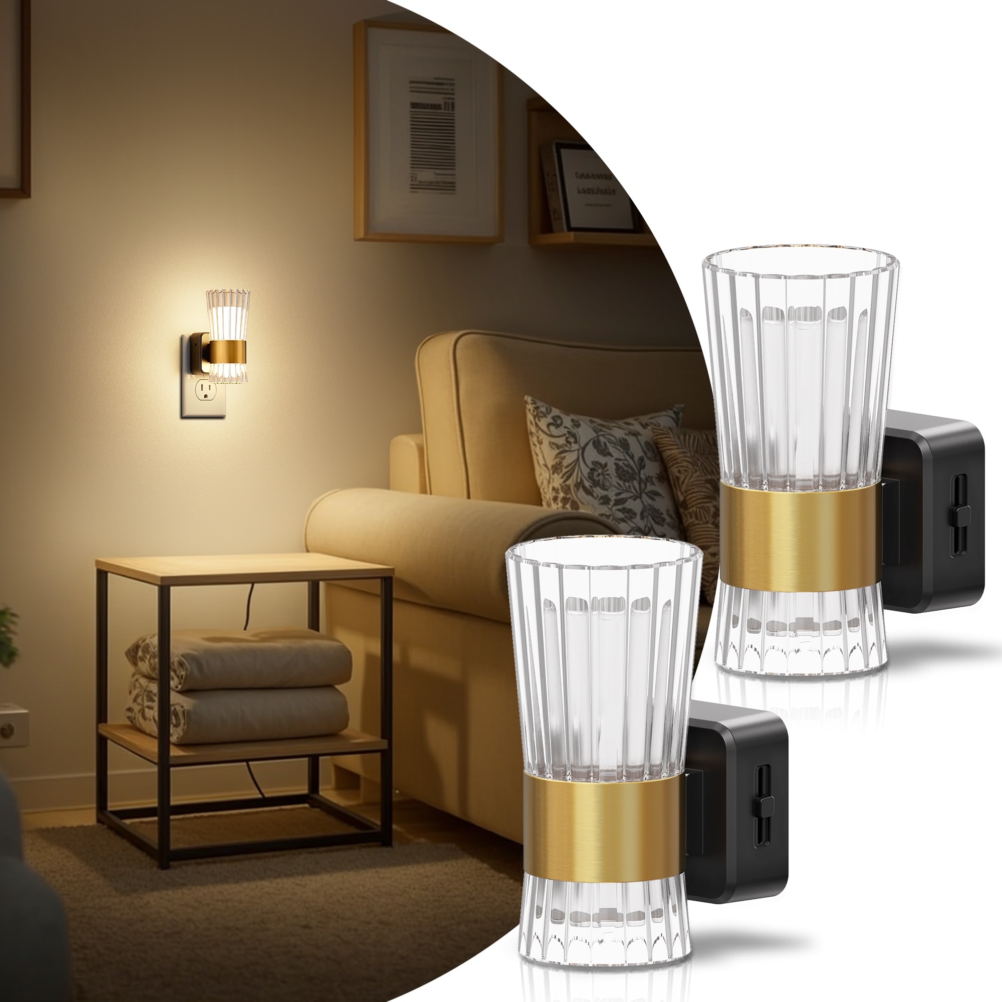 YANSUN Set of 2 Plug-in Wall Lights, Dimmable 3000K Warm, Clear Textured Trumpet Shade, Black & Brass