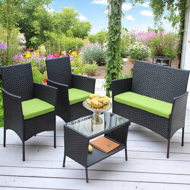 Outdoor Wicker Patio Furniture Set with Loveseat, Armchairs, and Table -Outdoor Patio Cushioned Seat Wicker Sofa