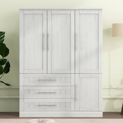 Wooden Wardrobe Clothes Storage Cabinet with Hanging Rod, 4 Doors Armoire Closet with 3 Drawers & Storage Shelves
