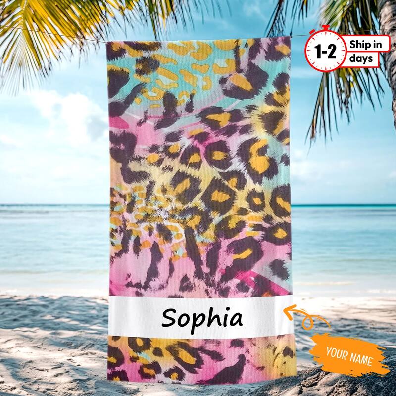 Personalized Beach Towel, Custom Leopard Beach Towel with Name - Pink - 35"x70"