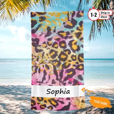 Personalized Beach Towel, Custom Leopard Beach Towel with Name