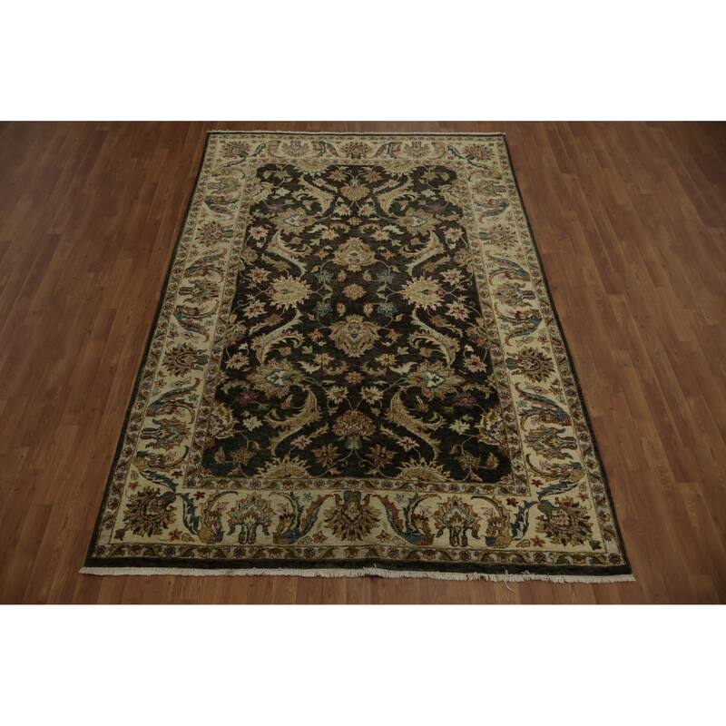 Hand Knotted Oriental 100% Wool Carpet Traditional All-Over Black Peshawar Area Rug - 9' 0'' X 6' 2''