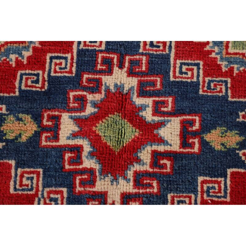 Geometric Kazak Oriental Accent Rug Handmade Red Wool Carpet - 3'3"x 5'0"