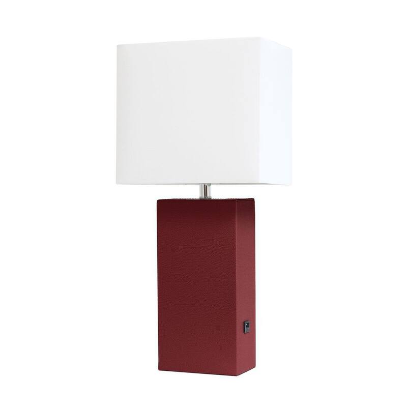 Modern Leather Table Lamp with USB and White Fabric Shade