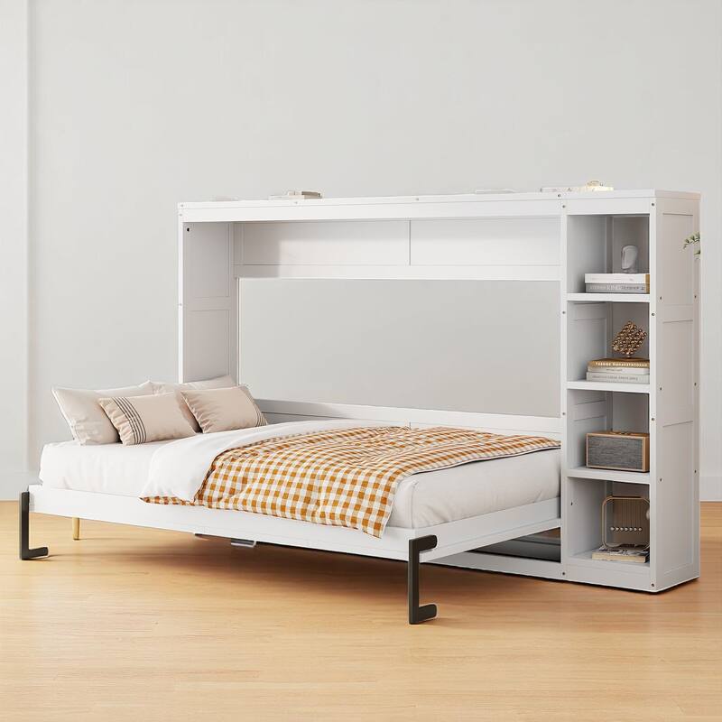 Foldable Full Murphy Bed with Side Bookshelves, Storage Rack and Slat Support, Space Saving Design