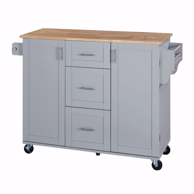 Rolling Kitchen Island with Rubber Wood Top, Drawers, Shelves, Internal Storage, Wheels, Spice & Towel Racks
