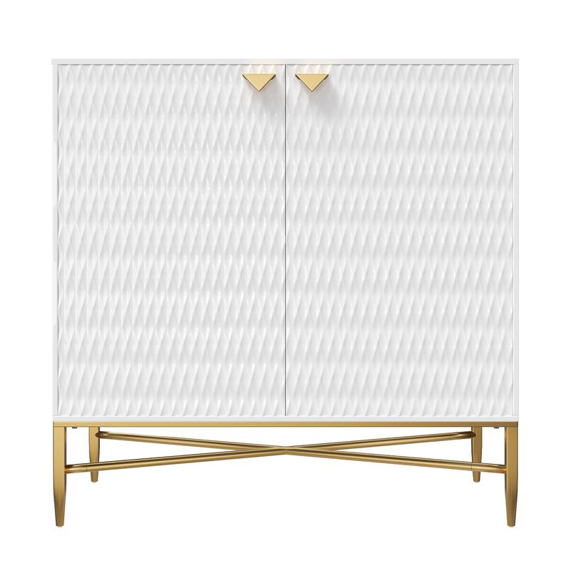 Accent Cabinet with Raised Diamond Pattern, Storage Cabinet with Brass X-Tapered Legs, Buffet with Adjustable Shelves - White