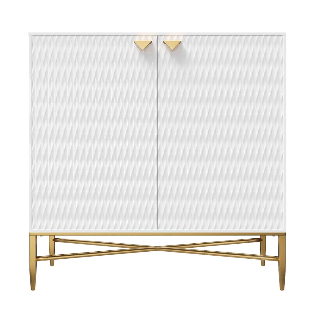 Accent Cabinet with Raised Diamond Pattern, Storage Cabinet with Brass X-Tapered Legs, Buffet with Adjustable Shelves