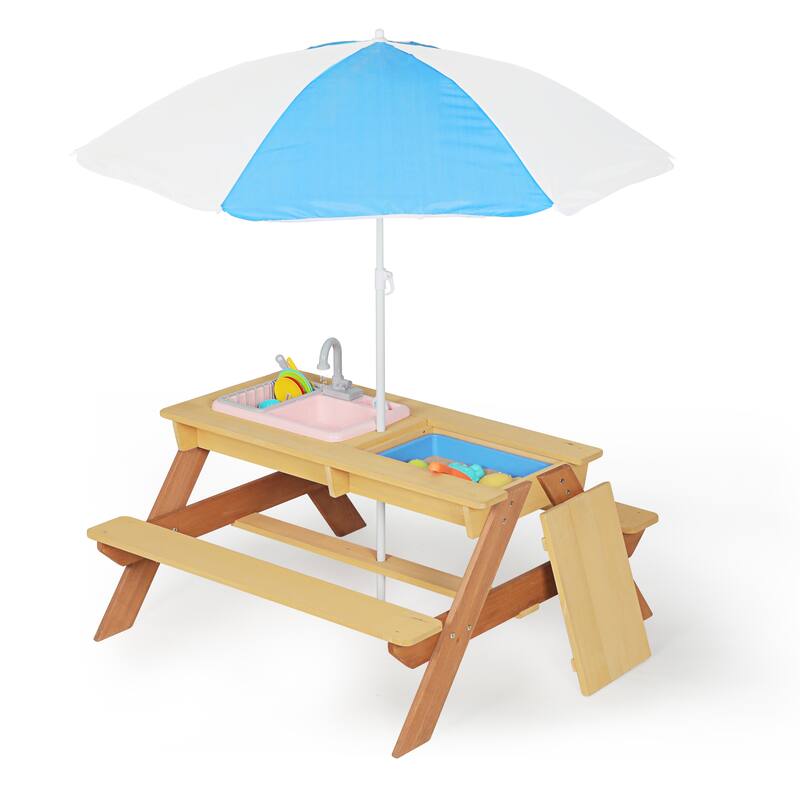 Wooden Kids Picnic Table, Sand and Water Table with Umbrella, Activity Table for Outdoor Backyard Patio Play - Reddish Brown,Yellow