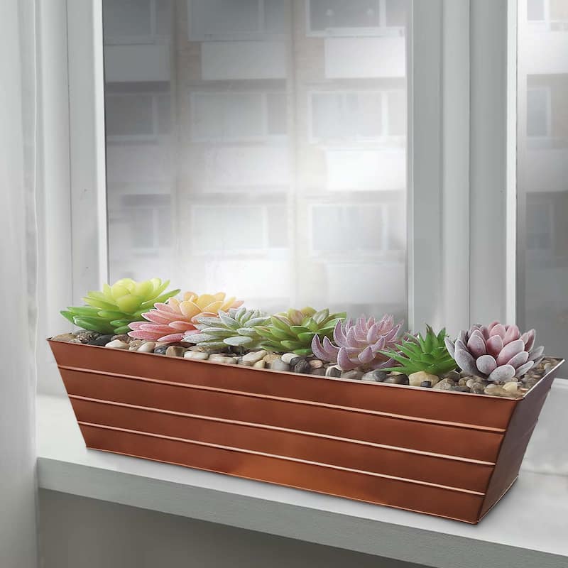 Rectangular Metal Flower Planter Box with Embossed Line Design, Large, Copper