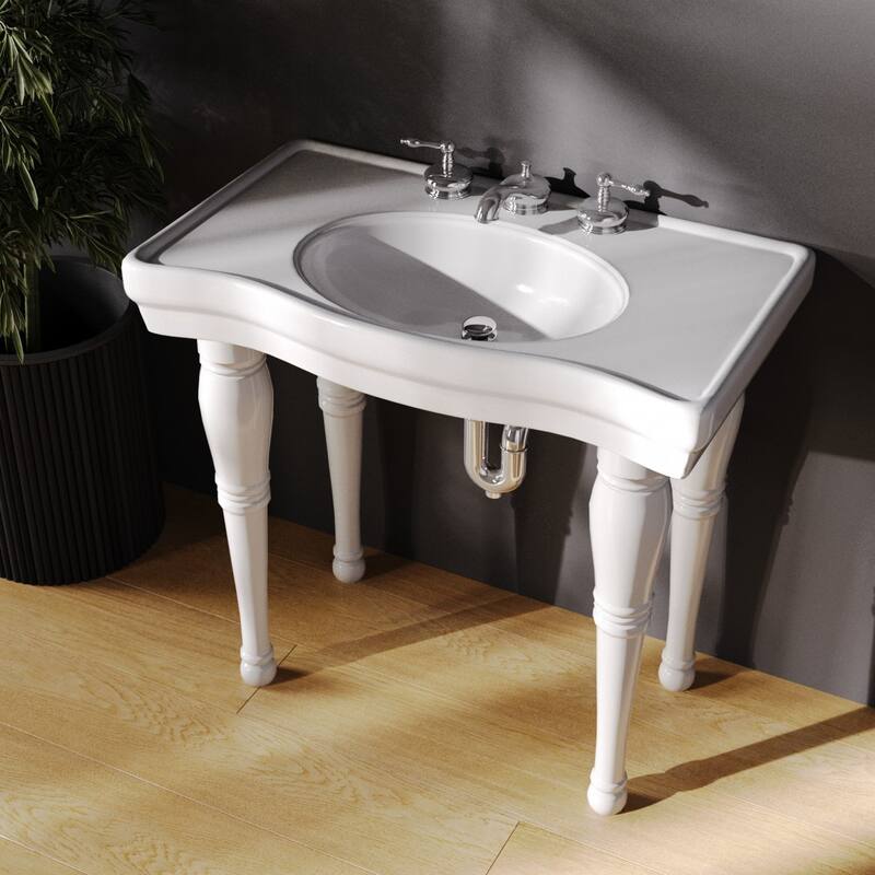 Belle White Porcelain Console Sink with Spindle Legs, Overflow and 8" Widespread Chrome Faucet