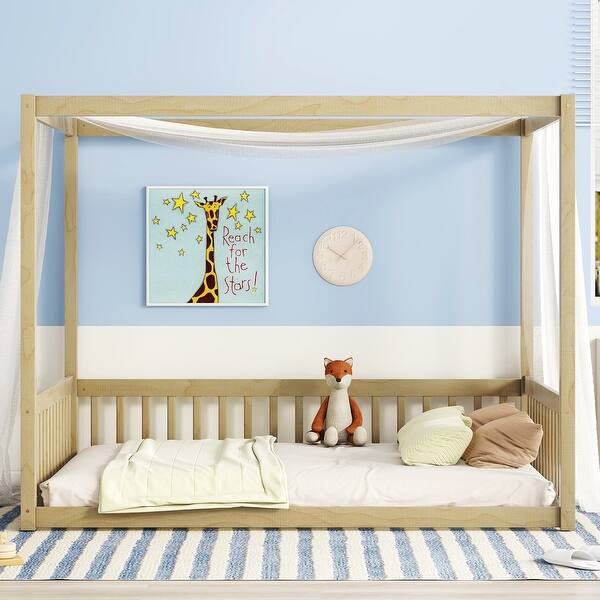 slide 2 of 7, Full Size Pine Wood Canopy Frame Floor Bed w/Fence&Guardrails,Natural Natural - Full