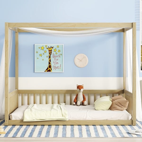 slide 2 of 34, Wooden Full Size Canopy Bed Floor Bed with Fence,Guardrails Natural