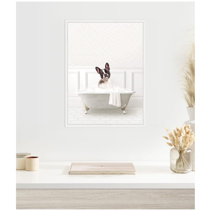 Kate and Laurel Sylvie French Bulldog in White Bathtub Framed Canvas by Amy Peterson