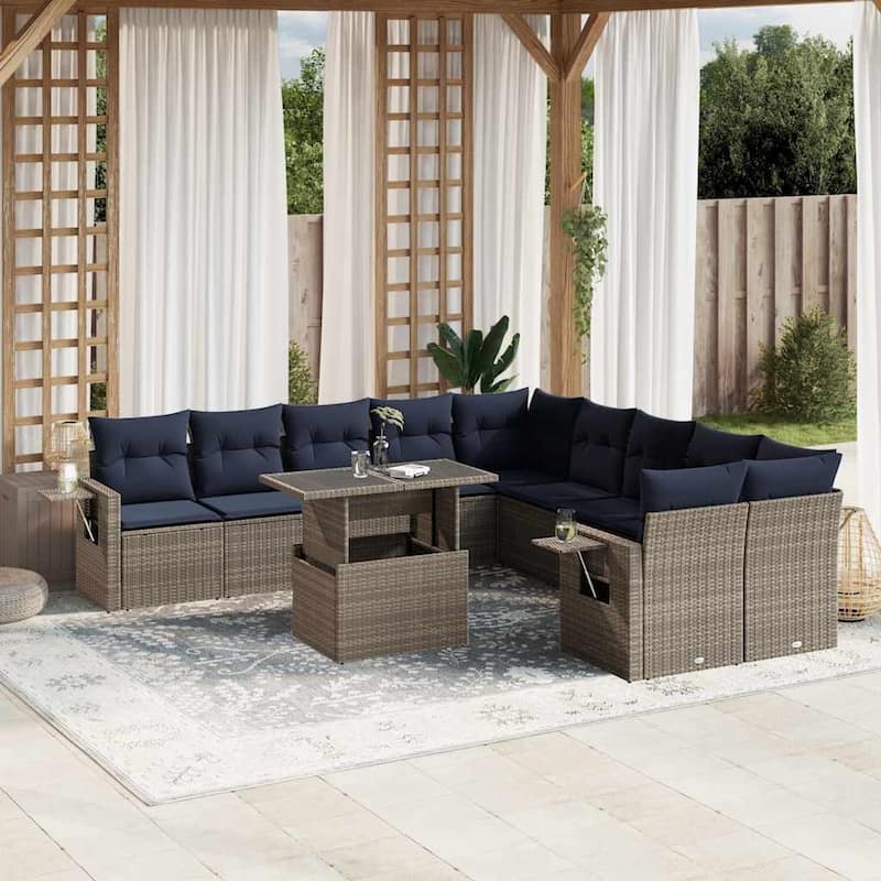 vidaXL Patio Sofa Set with Cushions and Table Outdoor 11 Piece Poly Rattan - 24.4 x 24.4 x 27.2 - Gray