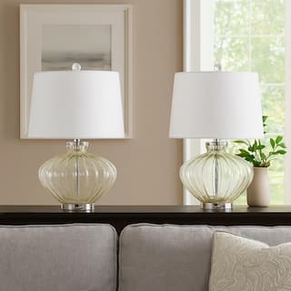 23 Inch Table Lamp Set of 2, Round Crystal Base, White Fabric Shade