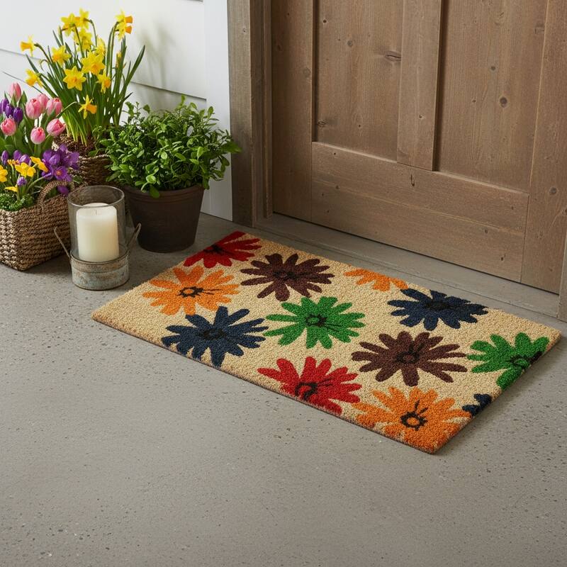 HomeRoots 24" X 36" Brown Green And Red Multi Floral Outdoor Coir Door Mat - 24.00' X '36.00 - 24.00' X '36.00