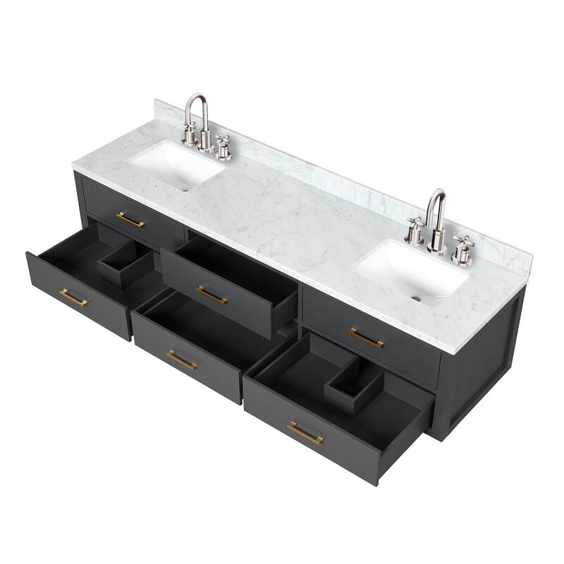Lexora Castor Double Bath Vanity, Carrara Marble Top, Faucet Set, and Mirrors