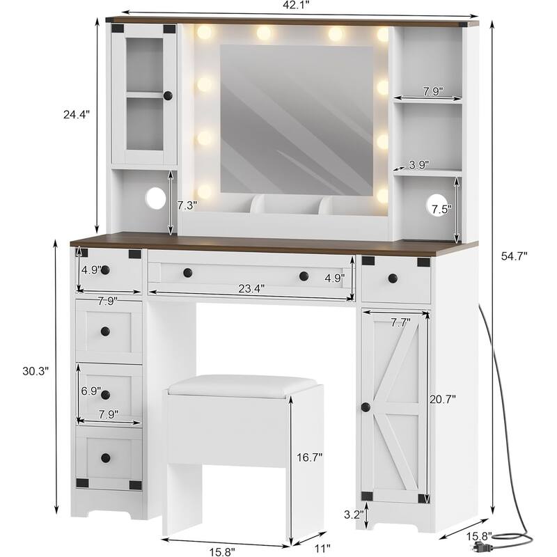 Makeup Vanity Table with 6 Drawers and 2 Cabinets,Vanity Table with Mirror and Lights