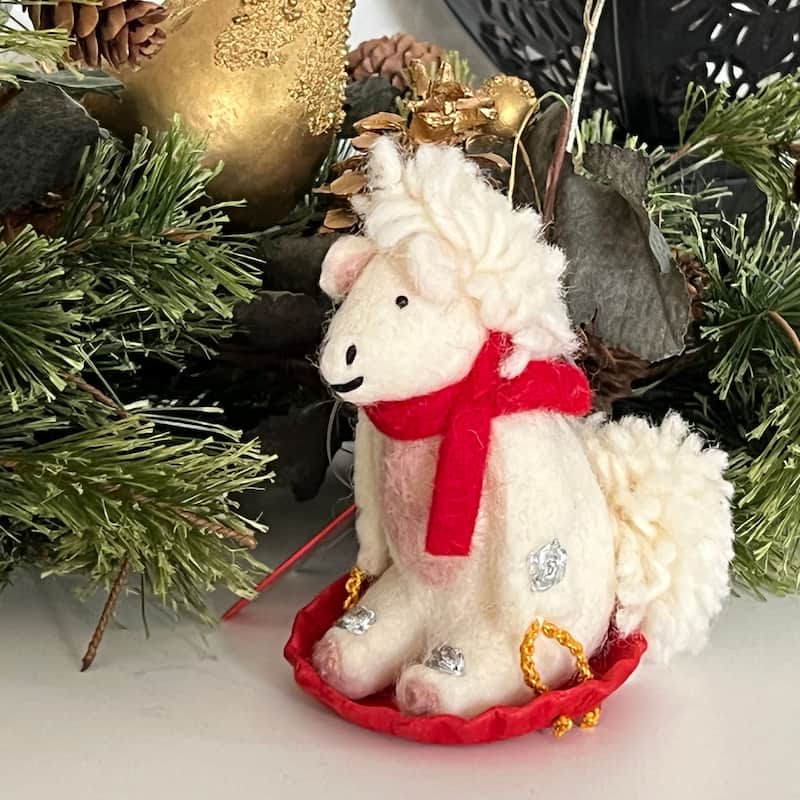 Handmade Sledding Unicorn Felt Ornament (Nepal)