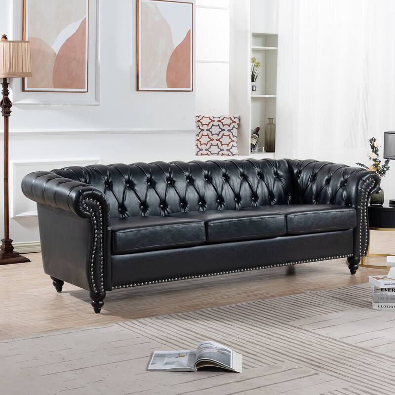 PU Leather Seat Cushions Three Seater Sofa, Traditional Rolled Arm Chesterfield Sofa On Sale