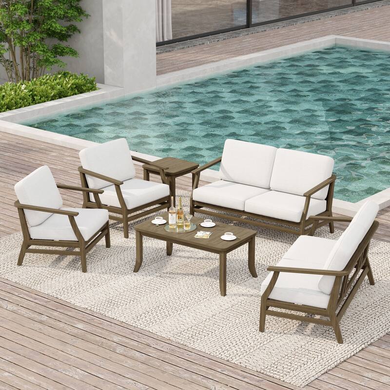 Large Outdoor Conversation Set with Patio Chairs, Loveseat, Tables - Natural Wood - Beige