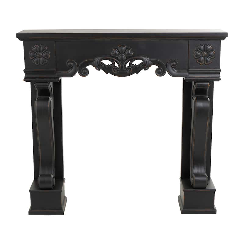 Wooden Scroll Freestanding Fireplace Mantle with Floral Accents - Black or White - Roche River Decor