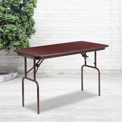 24" x 48" Rectangular Mahogany Melamine Laminate Folding Banquet Table - 24"W x 48"D x 30"H - 24"W x 48"D x 30"H