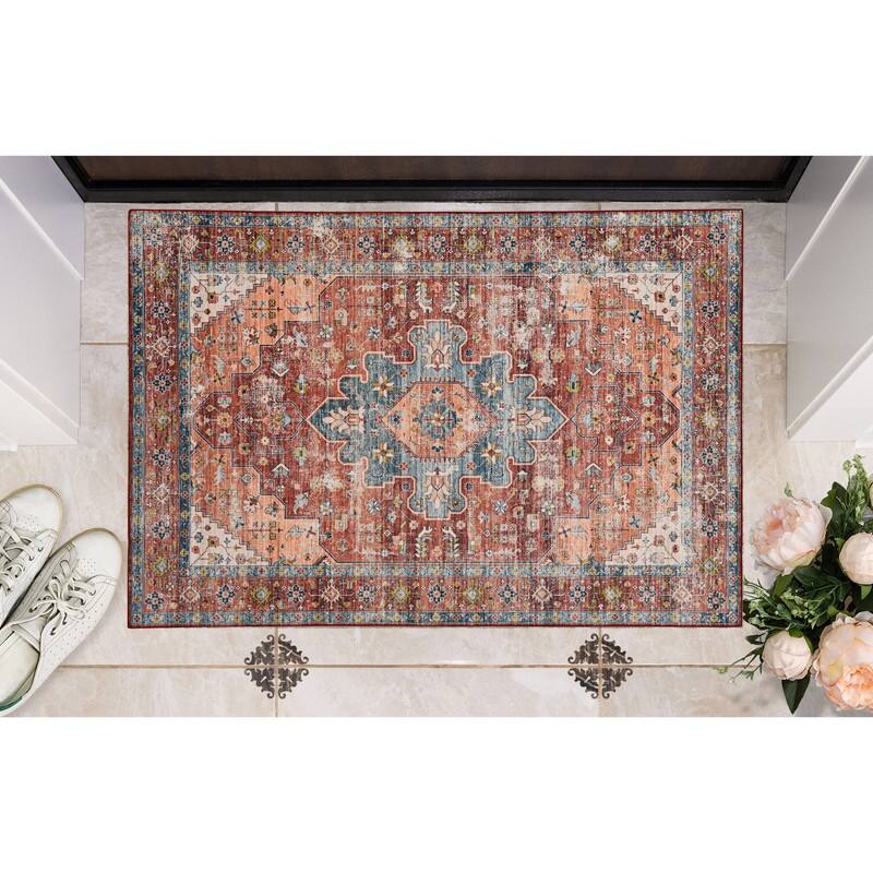Carter Machine Washable Medallion Rust/Ivory Area Rug