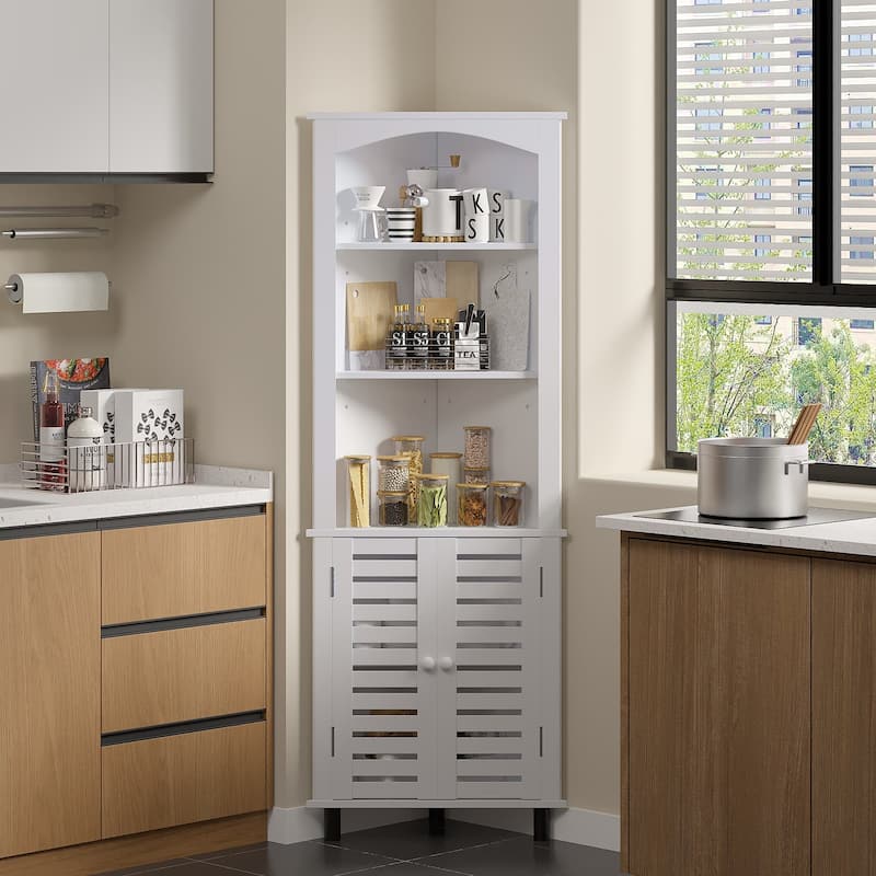 VECELO 68.5" Tall Triangle Corner Bookcase with Adjustable Open Shelves Magnetic Shutter Doors Storage Cabinet for Living Room