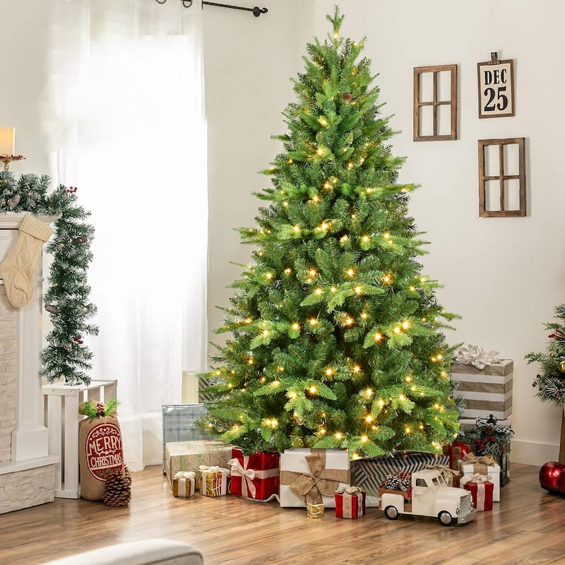 9ft Pre-Lit Christmas Tree with 750 Warm White LED Lights, 2968 Tips Realistic PE+PVC Hinged Tree, Full Artificial Xmas Tree