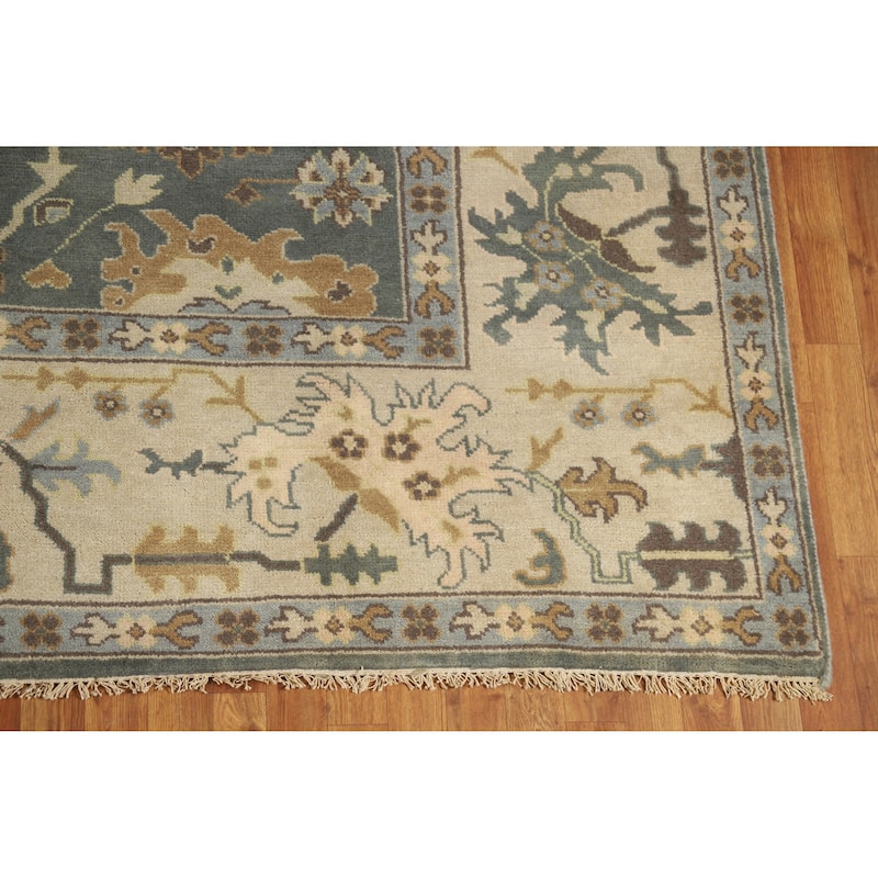 Blue Floral Oushak Indian Area Rug Hand-Knotted Wool Carpet - 9'0" x 11'11"