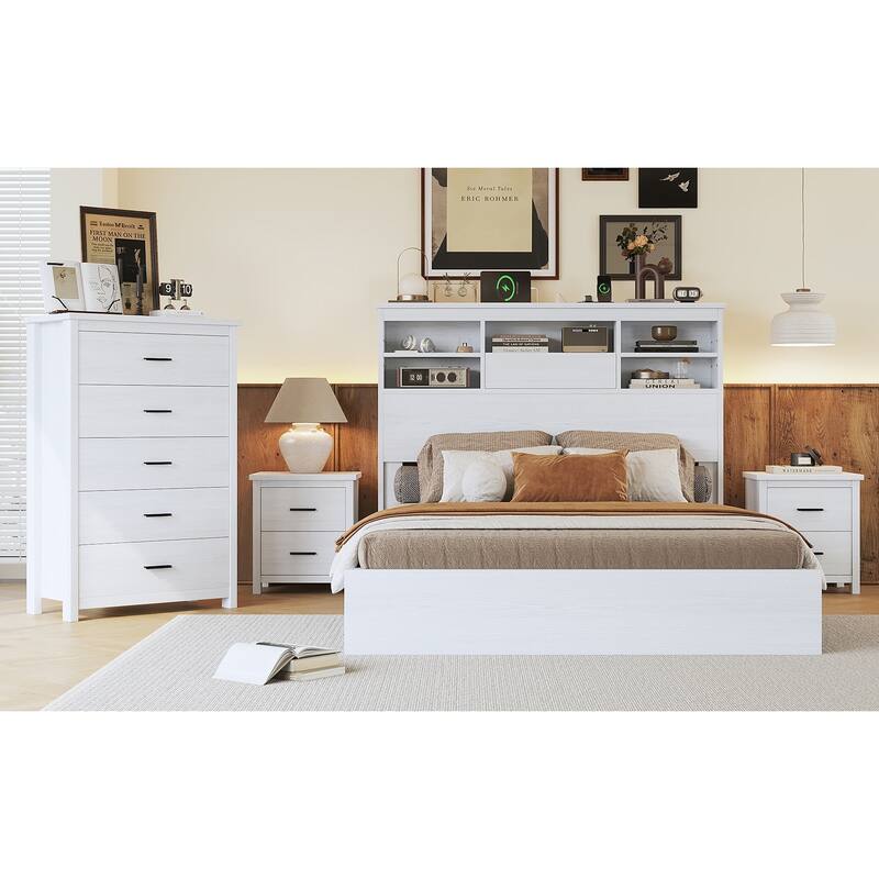 Queen MDF Platform Bed with USB Ports & Compartment Headboard