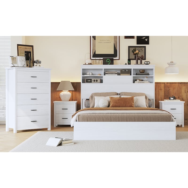 Vintage Queen Bed with Storage Headboard, USB Ports, and Charging Station