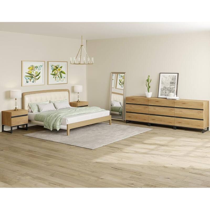 WAMPAT 3 Piece Dresser and Nightstand Sets - 94.5 Inch Dresser+2 Nightstand - Oak